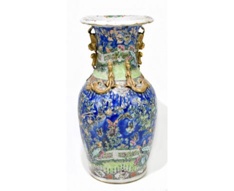 A 19th century Chinese Famille Rose porcelain vase, with moulded handles and applied creatures, decorated with birds, insects