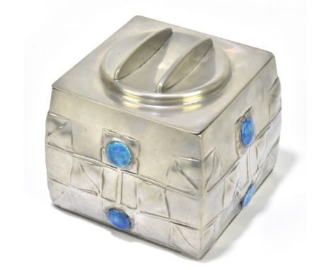 ARCHIBALD KNOX FOR LIBERTY & CO; a Tudric pewter and enamelled biscuit box, no.0194, height 11.5cm.Provenance: private collec