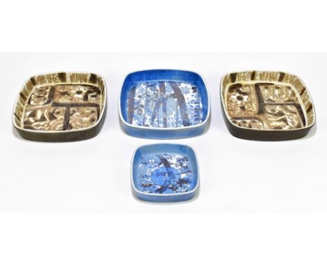 NILS THORSSON FOR ROYAL COPENHAGEN FAIENCEWARE; two square bowls with stylised floral decoration on a brown ground, width 17c
