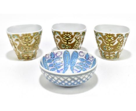 NILS THORSSON FOR ROYAL COPENHAGEN FAIENCEWARE: three conical vases decorated with stylised birds, height 8cm, together with 