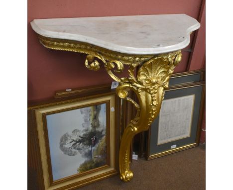 A gilt wood console table with serpentine fronted marble top, width 79cm, depth 40cm, height 89cm.&nbsp;