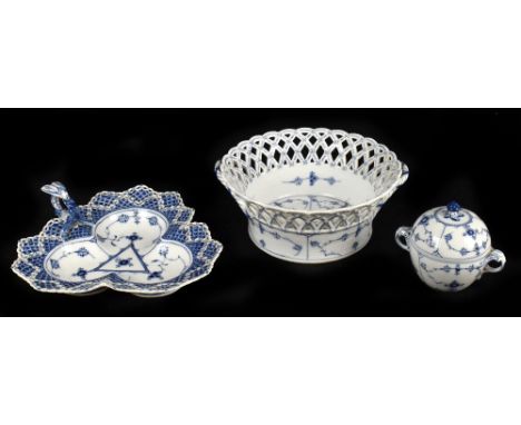 ROYAL COPENHAGEN; three pieces of blue fluted half lace porcelain comprising a triangular leaf shaped dish with insect handle