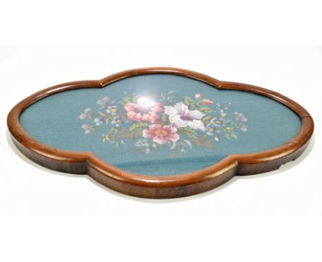 A 19th century quatreform shaped walnut stand, with inset floral tapestry panel, width  53cm. 