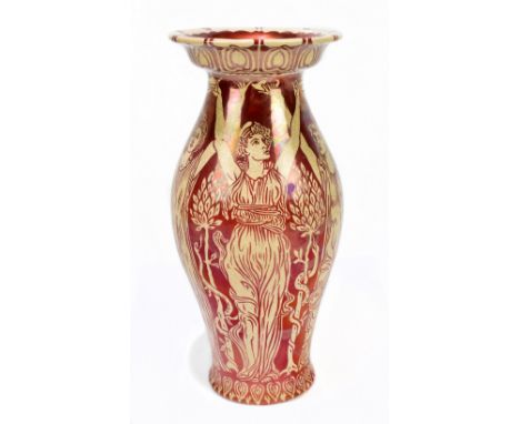 WALTER CRANE FOR MAW &amp; CO; a large red lustre vase, circa 1891, of elongated ovoid form, painted with classical female fi