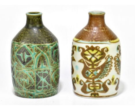 NILS THORSSON; two Royal Copenhagen bottle vases including an example decorated with stylised birds, height 18cm (2).Addition