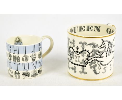ERIC RAVILIOUS FOR WEDGWOOD; an alphabet mug in blue, height 8cm, with a Richard Guyatt Queen Elizabeth II 1953 Coronation mu