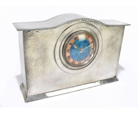 LIBERTY & CO; a large pewter, copper and enamel decorated mantel clock, no.01126 with hammered case, and Roman numerals to th