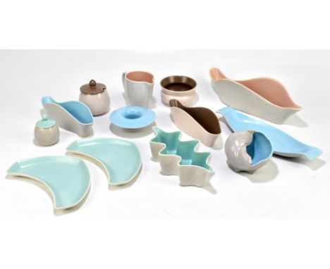 POOLE POTTERY; a collection of 1950s Poole Pottery including 'Freeform' bowls, a dish in the form of a shell, etc.