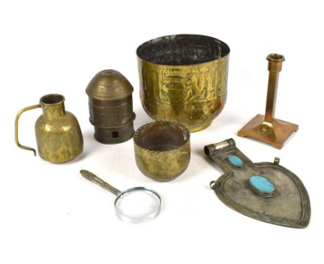 An Indian brass jardinière, height 17cm, with a Cairoware-type ewer, a smaller jardinière, a circular box on stand, possibly 