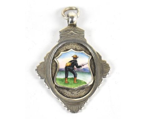 A silver and enamel fly fishing medal, Birmingham 1931, the reverse engraved 'YEN Cup', length 3.5cm.