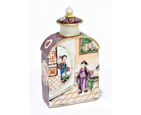 An 18th century Chinese Famille Rose porcelain tea caddy and cover decorated with figures in interior scene, height 13.5cm.Ad