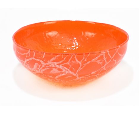 A contemporary Art Glass bowl with veined decoration on an amber and orange ground, smooth pontile mark to the underside, dia