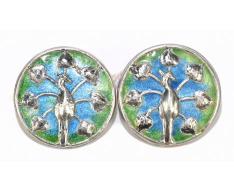 LIBERTY & CO; a pair of Cymric Edwardian hallmarked silver and blue/green enamel decorated cloak buttons, Birmingham 1902 and