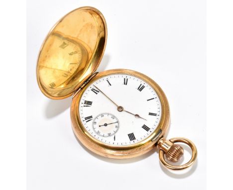 A gold plated crown wind full hunter pocket watch, the enamel dial set with Roman numerals and subsidiary seconds dial, diame