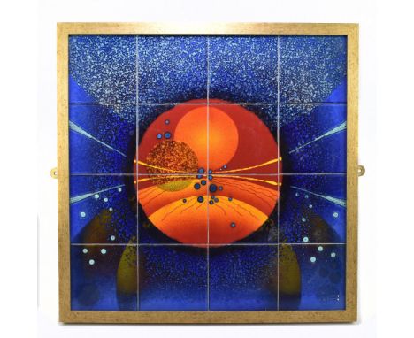 ALAN CLARKE FOR POOLE POTTERY; a framed montage of sixteen ceramic tiles 'Time Slip', 60 x 60cm.