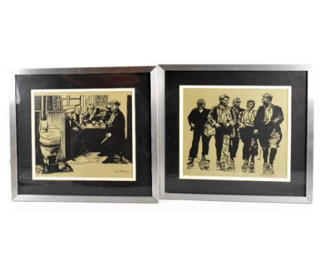 ROGER HAMPSON (1925-1996); two signed linocuts, ‘Five Miners’, 3/10, 27.5 x 31cm, and ‘Beer Drinkers’, signed, 3/10, 27 x 30.