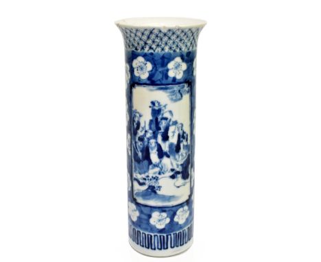 A late 19th/early 20th century Chinese blue and white sleeve vase, decorated with two panels depicting figures inside prunus 