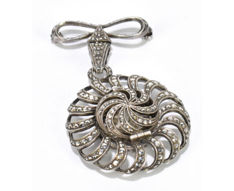 TITUS; a vintage silver and marcasite nurse's time piece/bow brooch, the case hallmarked for Birmingham 1984.