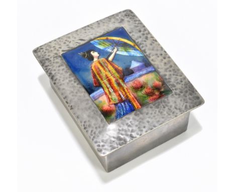 LIBERTY & CO; a pewter and enamelled rectangular trinket box, no.0553, the hinged lid set with rectangular enamelled plaque d