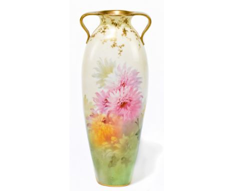 DOULTON BURSLEM; a twin handled hand painted vase of square form decorated with floral sprays, height 21cm.Additional Informa