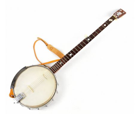 HEAD-MASTER; a chrome mounted banjo, inlaid with mother of pearl and a skull in a top hat, length 106cm.Additional Informatio