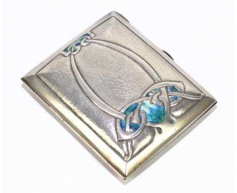 LIBERTY & CO; a George V hallmarked silver and enamel decorated cigarette case of rounded rectangular form, Birmingham 1911, 