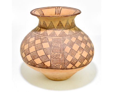 A Chinese Neolithic period (cIrca 2nd Millennium BC) Yangshao Culture buff red earthenware jar with painted decoration, heigh
