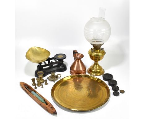 Mixed metalware to include a set of kitchen scales, a brass oil lamp etc.&nbsp;