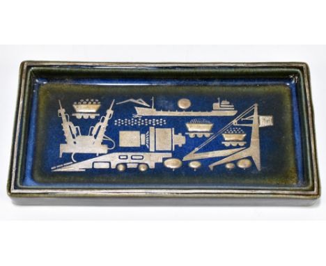 GUSTAVSBERG; a Swedish Art Pottery rectangular pen tray produced for LKAV, decorated with silver detail of mining and shippin
