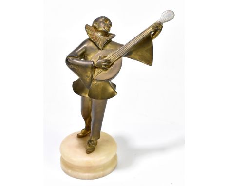 An Art Deco bronzed metal figure of Pierrot playing the lute, on alabaster plinth base, height 24cm.Additional InformationOld