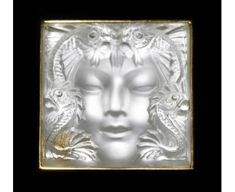 LALIQUE; a modern frosted glass brooch, 'Masque de Femme', with gilt metal backing, 3 x 3cm, boxed.Additional InformationLigh