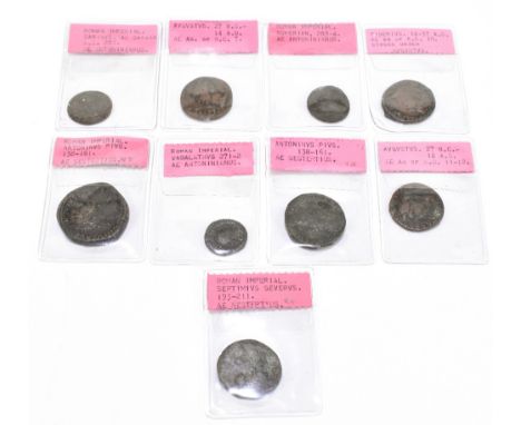 A group of nine Roman coins; Nvmerian, 283-4, Antoninianus, Augustus, 27BC-14AD, Carinus as Caesar AD282, Antonius Pius 138-1