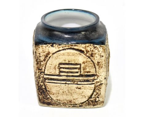 LINDA THOMAS FOR TROIKA; a marmalade jar with embossed stylised decoration, signed Troika Cornwall and with painted initials 