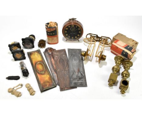 A group of collectors' items, to include a Tam Tam alarm clock, two candle holders, door plates, key escutcheons, bulbs etc.&