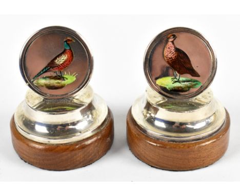 Two Edwardian silver and enamel game bird menu holders, one decorated with a pheasant, one decorated with a grouse, Birmingha