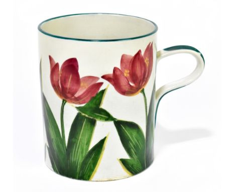 WEMYSS WARE; an oversized mug decorated with tulips, impressed marks and printed retailer stamp for T. Goode &amp; Co of Lond