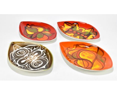 POOLE POTTERY; four fish shaped bowls decorated in the 'Delphis' range, length 30cm (4).Additional InformationLight crazing t