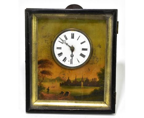A late 19th century Black Forest picture clock of rectangular form set with the central enamel dial bearing Roman numerals ab