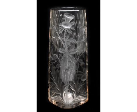 MOSER; a large and impressive clear glass vase of tapering form with wheel cut floral decoration, etched sign to the undersid