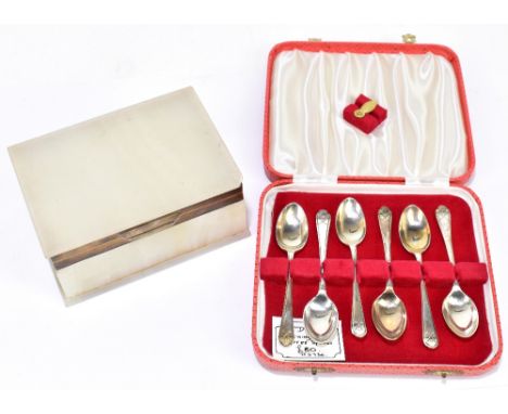 WALKER &amp; HALL; a cased set of six George V hallmarked silver teaspoons relief decorated to the handles with a pair of gol