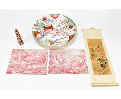 A late 19th century Japanese porcelain charger, decorated throughout with birds and foliage, with a Chinese scroll picture, a
