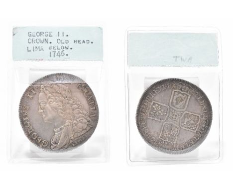 A George II crown, 1746, old head, Lima, 30.15g.