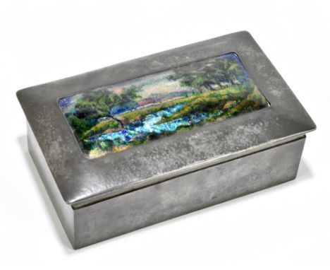 LIBERTY & CO; a Tudric pewter and enamel decorated casket, the landscape plaque possibly by Charles Fleetwood Varley, no.0125