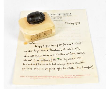 BLANCHARD’S EGYPTIAN MUSEUM, an Egyptian scarab on an onyx base, the underside with a label from Blanchards Museum Cairo whic