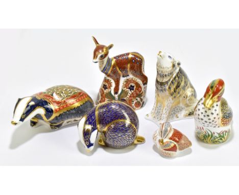 ROYAL CROWN DERBY; a collection of six Imari paperweights comprising 'Fawn', 'Wolf', 'Moonlight Badger', 'Green Winged Teal',