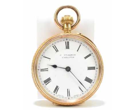 J. STALKER CARLISLE; an 18ct yellow gold crown wind fob watch, the enamel dial set with Roman numerals, diameter 35mm, approx