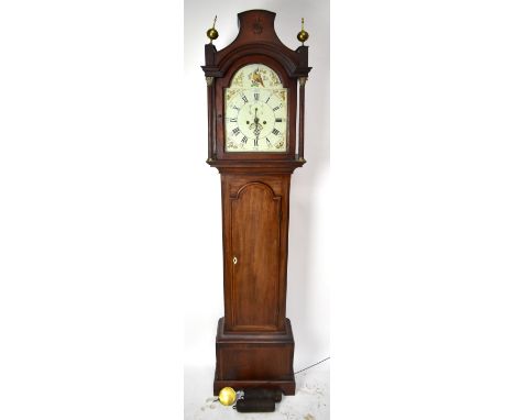 A 19th century mahogany longcase clock, the arch painted white enamel dial with subsidiary seconds hand and date aperture.