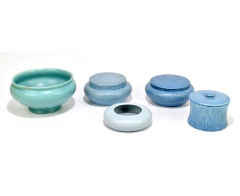 ROYAL LANCASTRIAN; five pieces of Art Pottery including two powder bowls and covers, decorated in a powder blue glaze, diamet