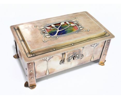 An English Arts & Crafts silver plated and enamelled velvet lined casket with stylised detail to the hinged lid, raised lock 
