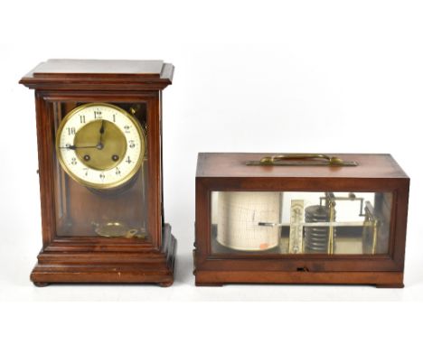 An Edwardian mahogany cased and lacquered brass barograph, with ivory scale for the thermometer, lacking key, width 29cm, wit